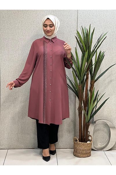 Butik büyük beden Right Side Stone Embroidered Tunic