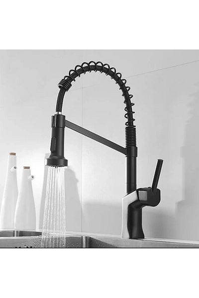 İSAOĞLU YAPI Black Kitchen Faucet - Industrial Sink, Tap, Extending System, Luminaire with Spiral Shower Feature