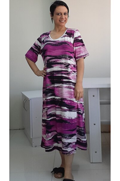 Mertcan Butik Φούξια και μαύρο μοτίβο κοντομάνικο φόρεμα βισκόζης