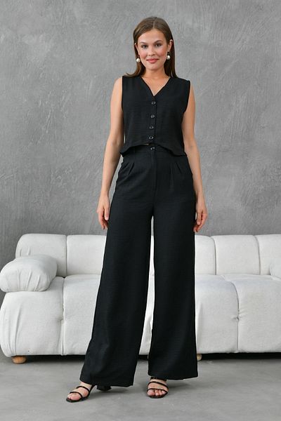 Lusin Black Linen Set - Vest and Palazzo Pants, Sofia Summer Set