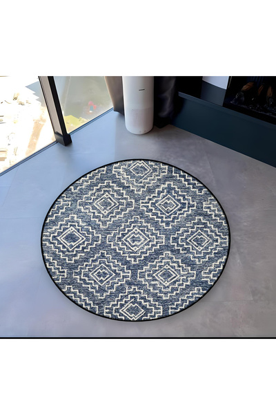 Rugs Modern Halı Mira Round Navy Blue White Antique Ethnic Patterned Woven Ba...
