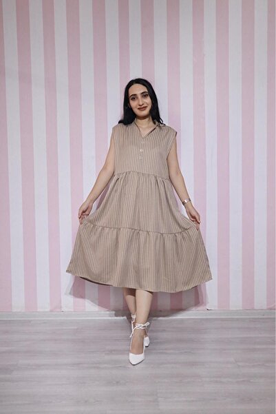 EGELİMODA Çizgili Keten Midi Boy Kolsuz Elbise