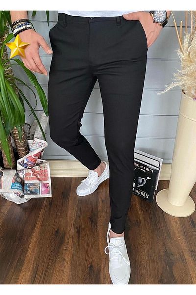 ElitWear Men's Slim Fit Black Linen Trousers