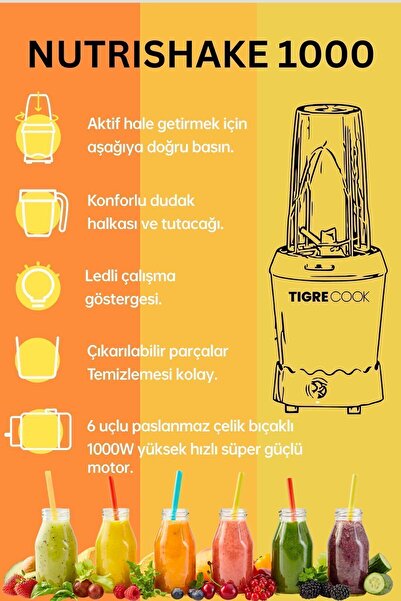 Genel Markalar NUTRISHAKE 3 in 1 Paslanmaz Çelik Bıçaklı Kişisel Smoothie Blender ve Kahve Baharat Öğütücü 1000W