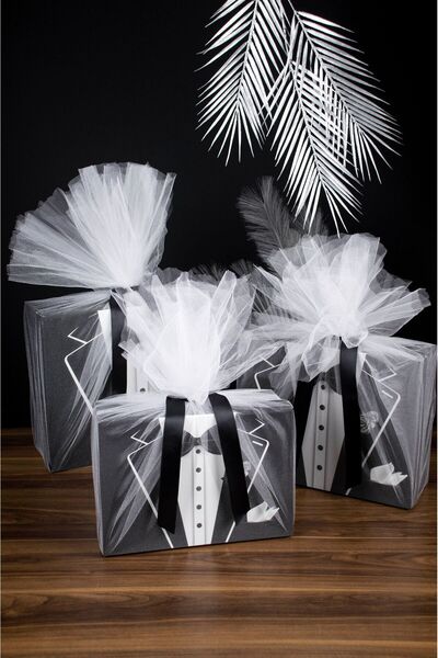 ADENZ Damat Kutusu Smokin Model 3'lü Bohça Hediyeli Süsleme Tüllü Kurdeleli