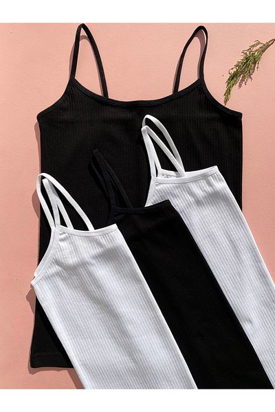 LEYNA BUTİK Ribbed, Cotton, Lycra, 4 Women's Rope Strap Ribbed Undershirt (2 Black - 2 White)