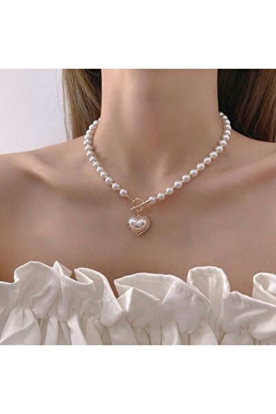 Takıtolia Love Incili Altın Renk Kalpli Düğün Nişan Gelin Özel Gün Sevgililer Günü Özel Gerdanlık Kolye