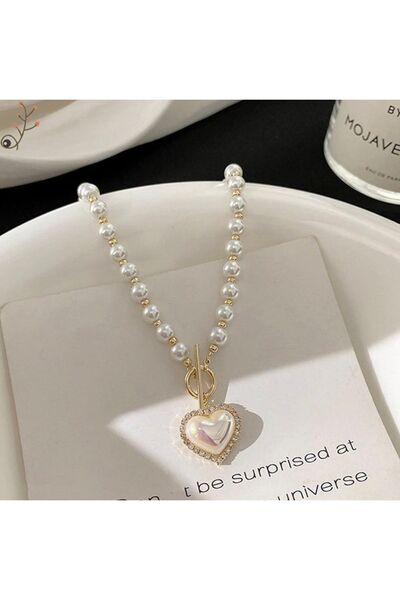 Takıtolia Love Incili Altın Renk Kalpli Düğün Nişan Gelin Özel Gün Sevgililer Günü Özel Gerdanlık Kolye