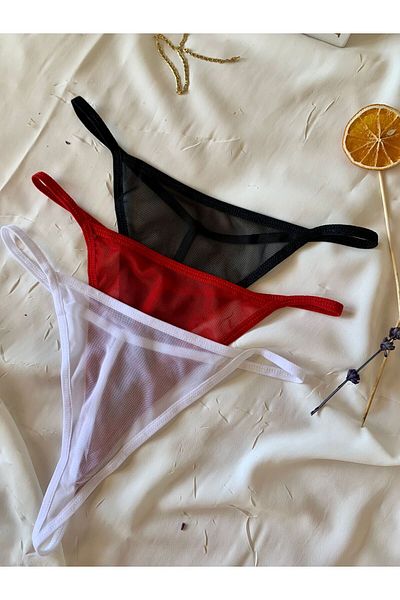 ROZENİN LINGERIE Set of 3 Sexy Tulle Thong (Red-Black-White)