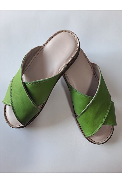 KAPAR Зелени 100% естествена кожа - широки пантофи с каишка