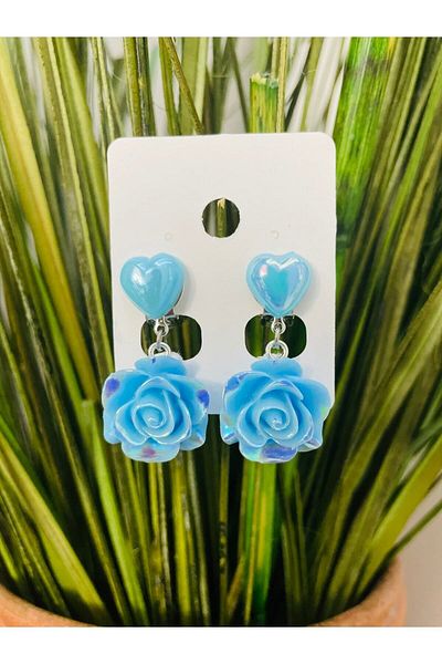 1PARÇAMAVİ Girl's Earrings with Blue Rose Clip - Non-perforated Compression Earrings