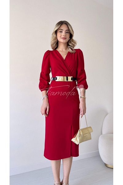 GDS BUTİK Rochie cu mânecă plisată cu centură în oglindă, lungime midi, cu fante