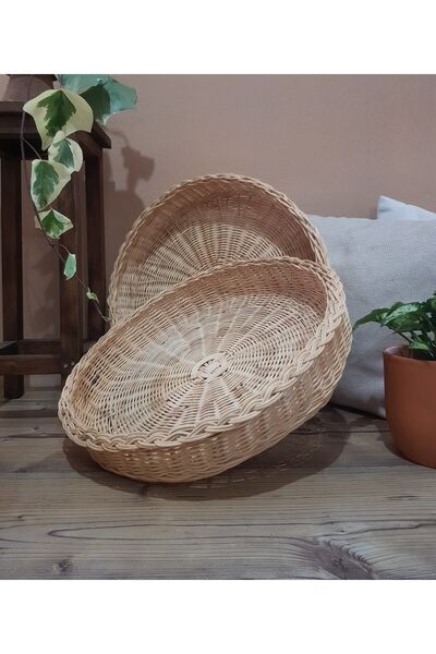 KİREMİT DEKORASYON Rattan Dekoratif Vernikli Büyük Boy Tepsi Sepet
