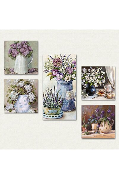 Genel Markalar Dekoratif Çiçek Görselli Ev Dekorasyon Collage 5 Parça Mdf Tablo
