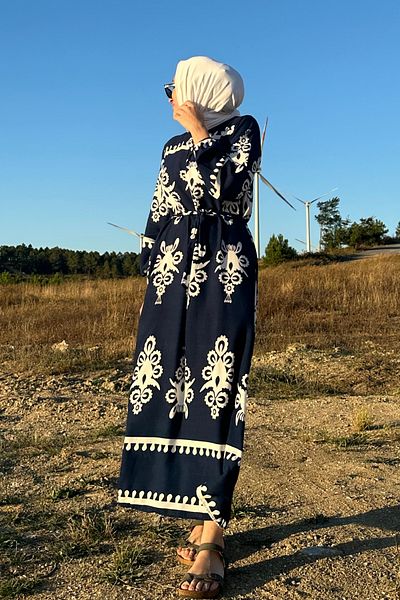 Yefrastore Γυναικείο φόρεμα Indigo White Ethnic με σχέδιο βισκόζης - Γιακάς με κουμπιά