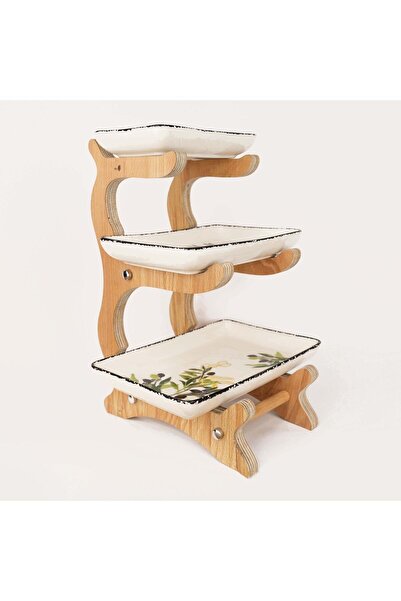 resinwoodliving Ahşap Raflı Seramik Kase Seti - 3 Katlı
