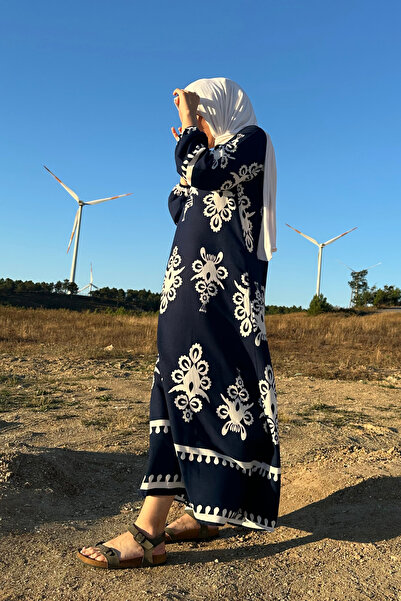 Yefrastore Γυναικείο φόρεμα Indigo White Ethnic με σχέδιο βισκόζης - Γιακάς με κουμπιά