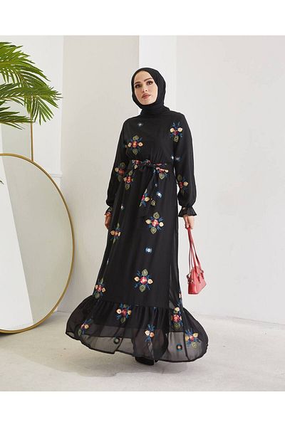 She Olive embroidered chiffon dress black