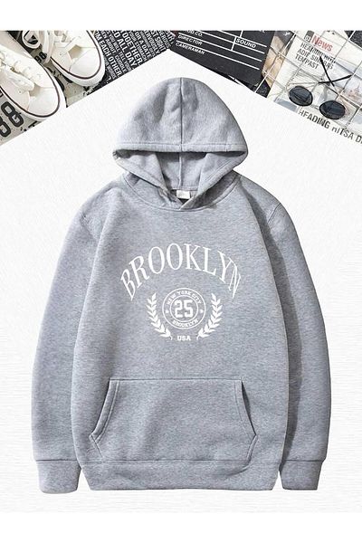 BENROMA СИВ СУИТШЪР С КАЧУЛКА И ПРИНТ BROOKLYN MOUNTAIN