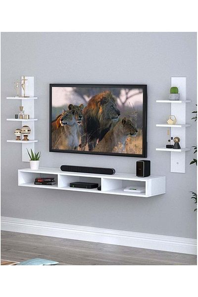 Modern home رف تلفزيون حديث مثبت على الحائط مع مساحة تخزين باللون الأبيض