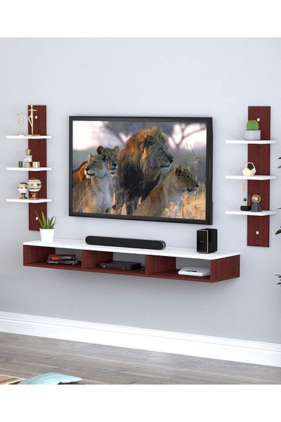 Modern home رف تلفزيون حديث مثبت على الحائط مع مساحة تخزين باللونين البني والأبيض
