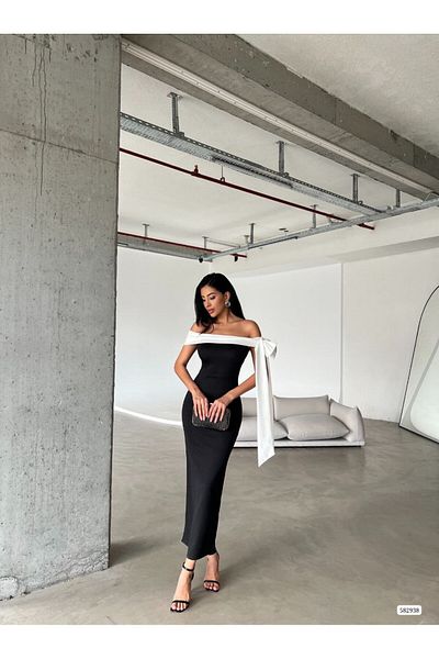 mafdress Black Evening Dress - Collar with White Fabric Detail