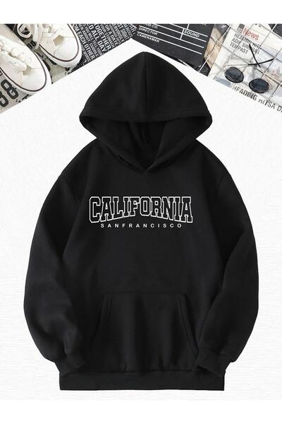 BENROMA Φούτερ με κουκούλα με στάμπα καλιφόρνιας, μαύρο χτενισμένο βαμβάκι, 3 κλωστές, oversize