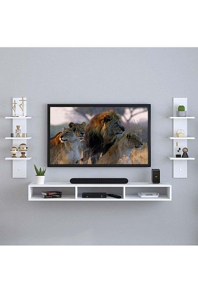 Modern home رف تلفزيون حديث مثبت على الحائط مع مساحة تخزين باللون الأبيض