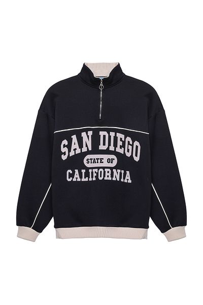 Quzu Navy Blue Oversize Turtleneck Sweatshirt