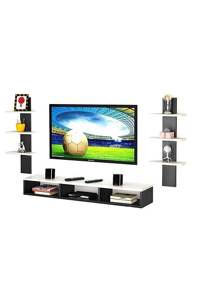 Modern home رف تلفزيون حديث مثبت على الحائط مع مساحة تخزين باللونين الأبيض والأسود