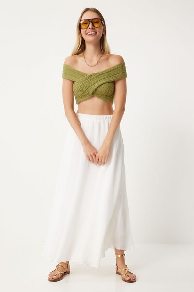 Lovelyİstanbul Flounce Flax Blended Μακριά Φούστα Λευκή Ldp0007