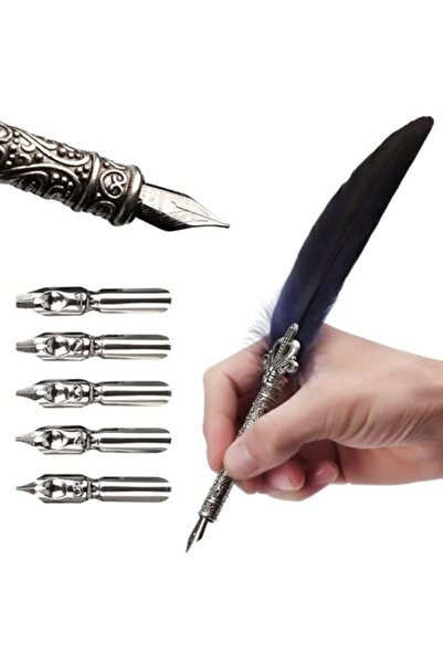 GIFTS STORE Tüylü Divit Kalem ( Hokka Ve Mürekkepli ) 5 Farklı Divit Uçlu Set