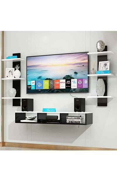 Modern home رف تلفزيون حديث مثبت على الحائط مع مساحة تخزين باللونين الأبيض والأسود
