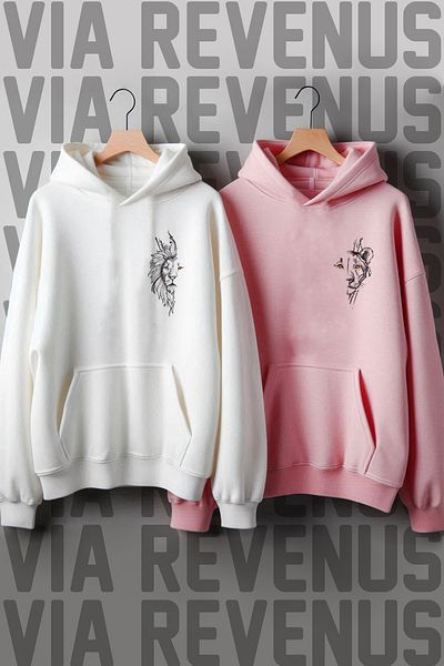 Vordevia Ροζ και Λευκό Lover Lion Couples εμπριμέ φούτερ Oversize