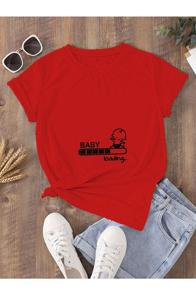 ARKA CREATIVE Red Oversize MaTerniTy T-shirt - Baby loading PrinTed
