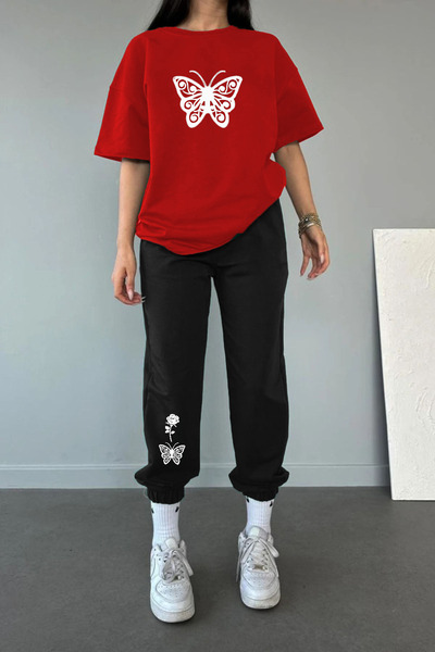 MODARİCH BuTTErfly RosE PaTTErnEd REd BlacK JoggEr TracKsuiT SET - Oversize C...