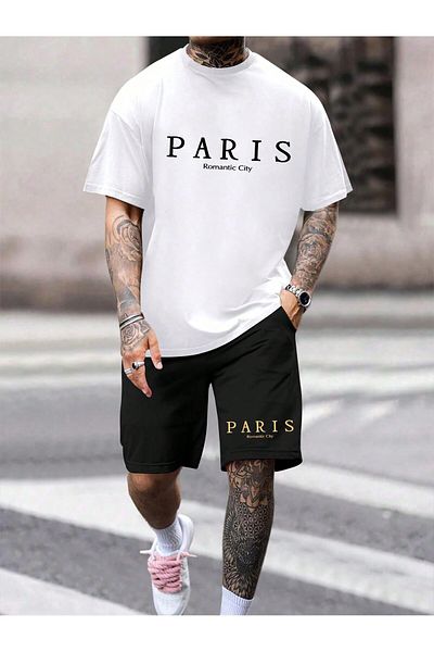 MODARİCH Paris Romantic Oversize χτενισμένο βαμβακερό σορτς και μπλουζάκι - Λευκό Μαύρο, εμπριμέ, λαιμόκοψη