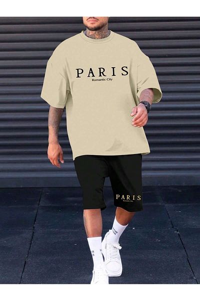MODARİCH Paris Romantic Oversize χτενισμένο βαμβακερό σορτς και μπλουζάκι - Μπεζ μαύρο, εμπριμέ, λαιμόκοψη