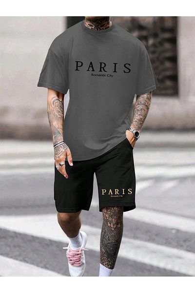 MODARİCH Paris RomanTic Oversize Combed Cotton Shorts and T-shirt Set - Smoke Black, Crew Neck