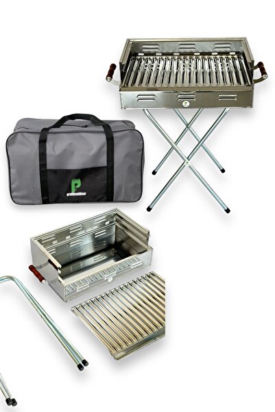 pratikoutdoor Paslanmaz Çelikten Katlanır Ayaklı ve 3 Kademeli Mangal - Çantalı