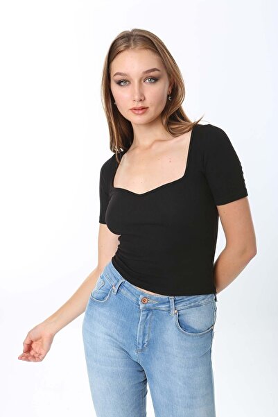 CHEISU Μαύρο γυναικείο μπλουζάκι με λαιμόκοψη - κοντομάνικη μπλούζα καμιζόλ