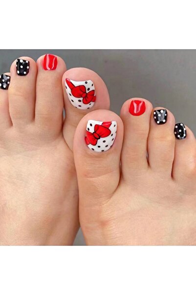 Beauty Box Polka Dot Red Bow Özel Günler Için Kolay Hazır Ayak Takma Tırnak S...