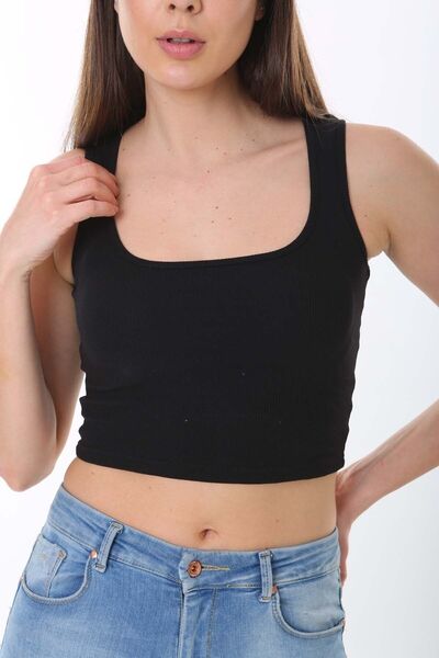 CHEISU Vestă crop cu gât pătrat negru - Bluză cu mâneci zero cu aspect de atletism