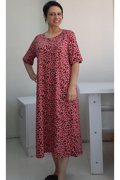 Mertcan Butik BlacK Leopard Pattern Coral Viscose Short Sleeve Dress