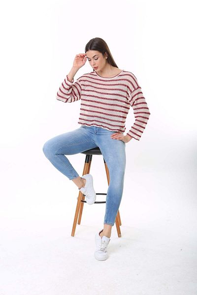 CHEISU Women's Red Striped Ecru Long Sleeve Loose Sweater