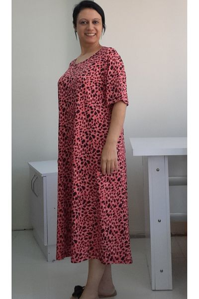 Mertcan Butik BlacK Leopard Pattern Coral Viscose Short Sleeve Dress