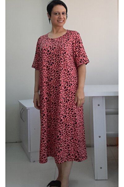 Mertcan Butik BlacK Leopard Pattern Coral Viscose Short Sleeve Dress