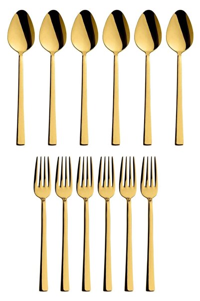 Kitchen Design Lab Parlak Gold Tatlı Çatal Ve Kaşık Seti - 12 Adet Kahvaltı Pasta Tatlı Çatal Kaşık Seti Kutulu Set