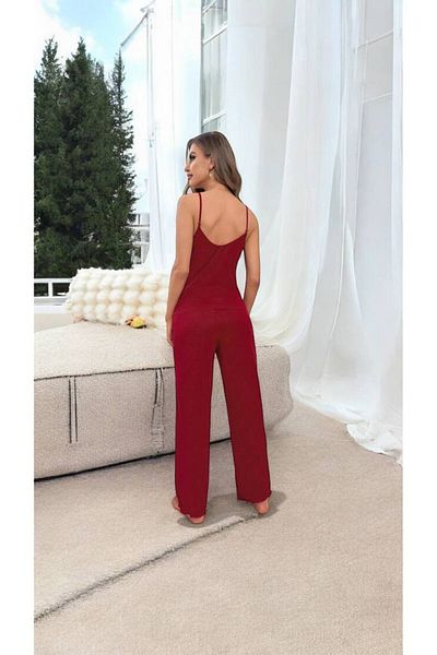 BLACK Women's Strappy Burgundy Belly Lace Viscon Pajama Set