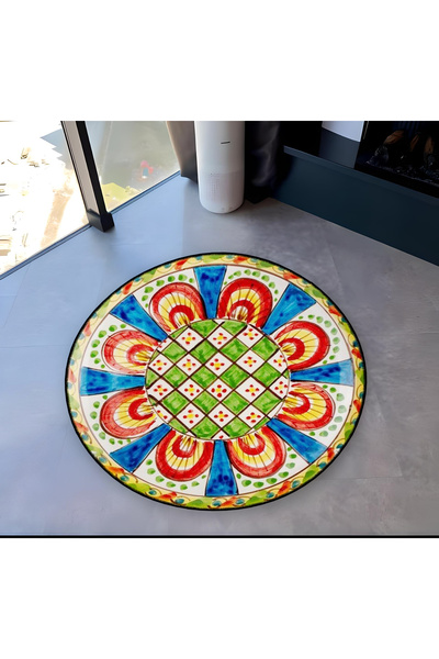 Rugs Modern Halı Mira Round Green Red Tones Patterned Woven Base Modern Decor...